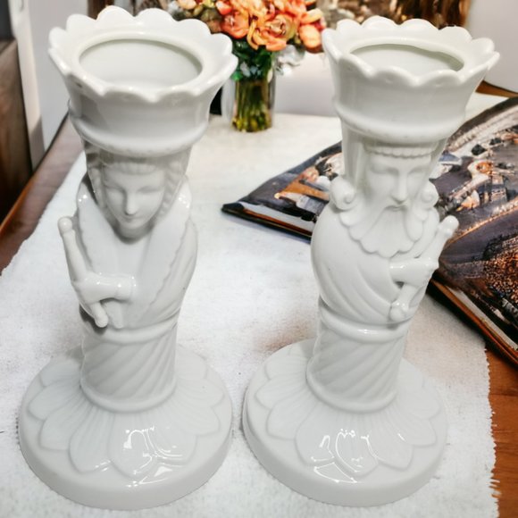 King & Queen Tappered Candle Holder Swiss Set Colum Sculpture White Porcelain - Picture 2 of 14
